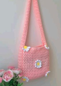 Pink Crochet Daisy Bag