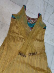Golden A-line Kurta With Dupatta