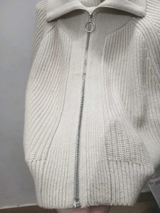 Beige Zip-Up Knit Cardigan