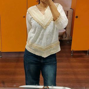 Embroidered White Short Kurti