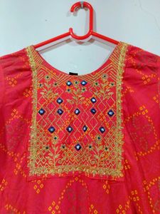 Red Traditional Straight Kurti With White Plazo