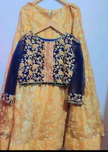 Navy Blue Blouse & Golden Skirt Set For 36 Bust