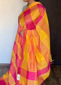 Yellow And Pink Checked Silk Saree