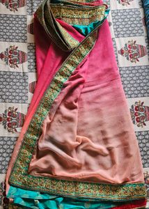 Pink &amp; Teal Embroidered Saree