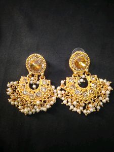 Gold Plated Bridal White Stone Earrings Maang Tika