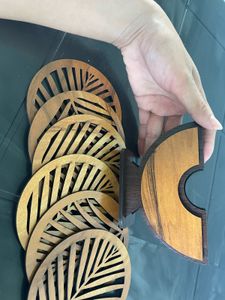 Leaf-Patterned Wooden Coaster Set