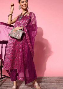 Inddus Magenta Embroidered Kurta Set