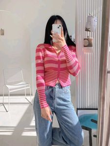 Pink Striped Zip-Up Cardigan