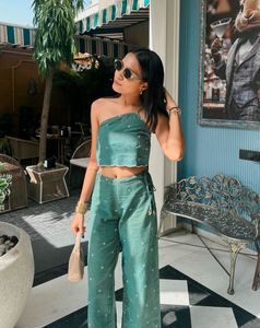 Green Crop Top &amp; Wide Leg Pants Set