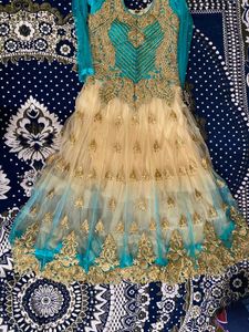 Elegant Teal &amp; Gold Anarkali Dress
