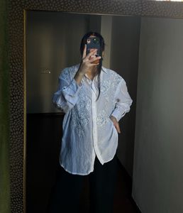 LINEN WHITE/BLUE PATCHWORK FLORAL BLOUSE