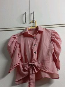 Pink Puff Sleeve Bow Crop Top