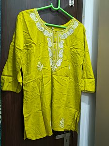 Chickenkari Work Lime Green Short Kurti XL Size
