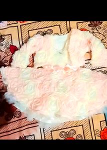 White And Peach Net Floral Jacket Frock