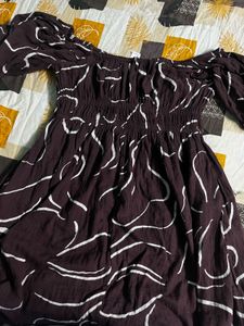 brown offshoulder with neck strip dress