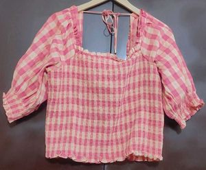 Pink Check Print Crop Top For 34 Bust