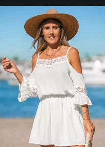 White Lace Trim Cold Shoulder Dress