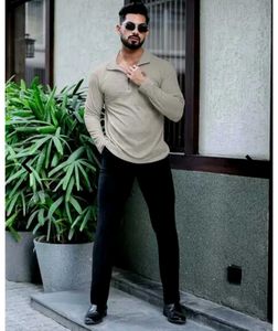 Beige Color Polo neck Patterned Tshirt With Zipper