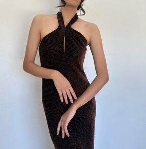 Luxury Brown Halter Maxi Dress