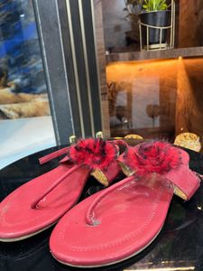 Red Fluffy beachy Sandals