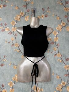 Sleeveless Black Crop Top With Waist Tie Up