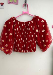Red Flower Balloon Sleeves Top | Size XS