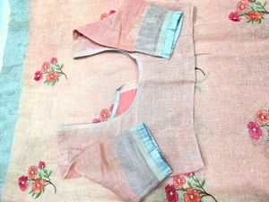 Peach Linen Saree with Floral Embroidery