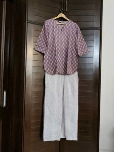 Women Mauve Cotton Striped Night Suit