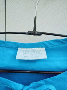 Embroidered Teal Top with Tie Neck