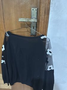 Elegant Black Top With Floral Embroidery Wit Net