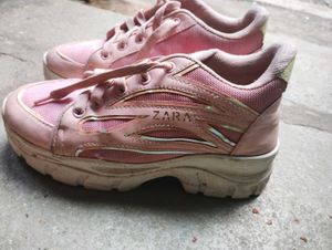 Pink And White Casual Sneakers With Slight Heels