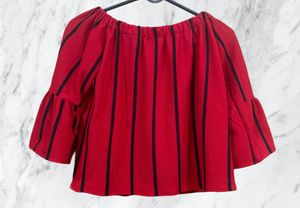 Red &amp; Black Off-Shoulder Crop Top With Bell Sleeve