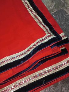 Red Mirror Work Saree With Makhmal Border