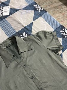 Green Button-Down Top Satin