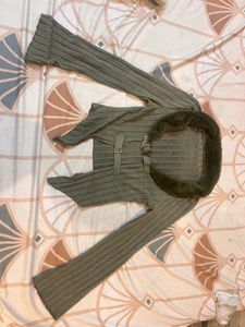 Olive Green Fur Trim Cardigan