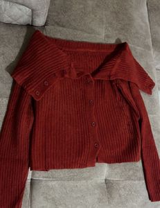 Rust Ribbed Knit Off-shoulder Cardigan