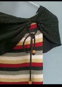 Striped Knit Dress with Black Shawl