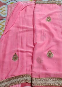 Neon/Light Pink Saree With Pearl &amp; Golden Work