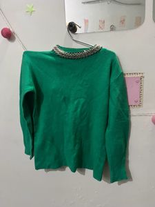 Green Beaded Collar Sweater