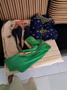 Indian Outfit - Blue Blouse, Green Sari, Polka Dot