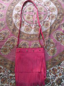 Pink Faux Suede Fringe Crossbody Bag