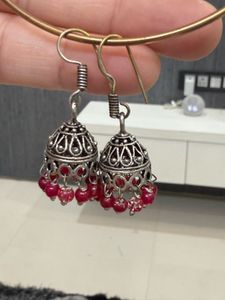 Silver Jhumka Earrings with Red Beads
