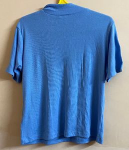 Women Blue Ribbed High Neck Tshirt (XL)