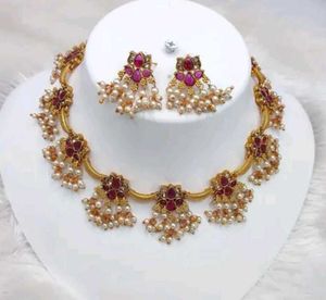 Gold-Toned Necklace with Red Stones and Pearls