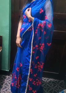 Blue Saree With Ready Blouse Fully Stitched