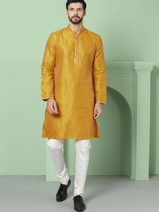 House Of Pataudi Men Mustard Woven Design Kurta