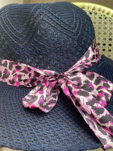 Blue Hat With pink Animal print Ribbon