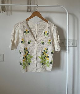 Crochet Yellow Floral Embroidered Cotton Top
