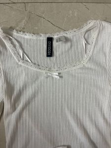 White Ribbed H&amp;M Lace Trim Top