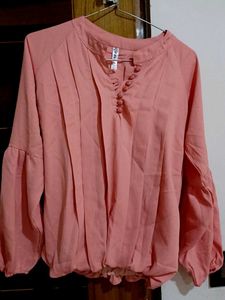 Coral Blouse with Bishop Sleeves